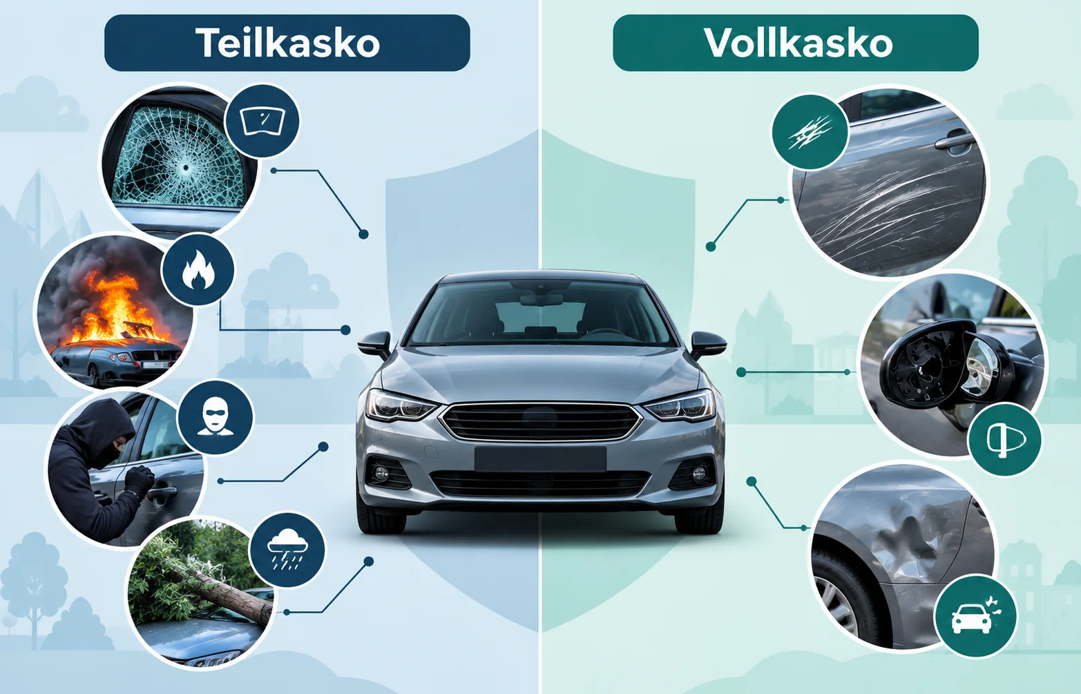 Teilkasko und Vollkasko bei verschiedenen Schäden am Auto im Vergleich