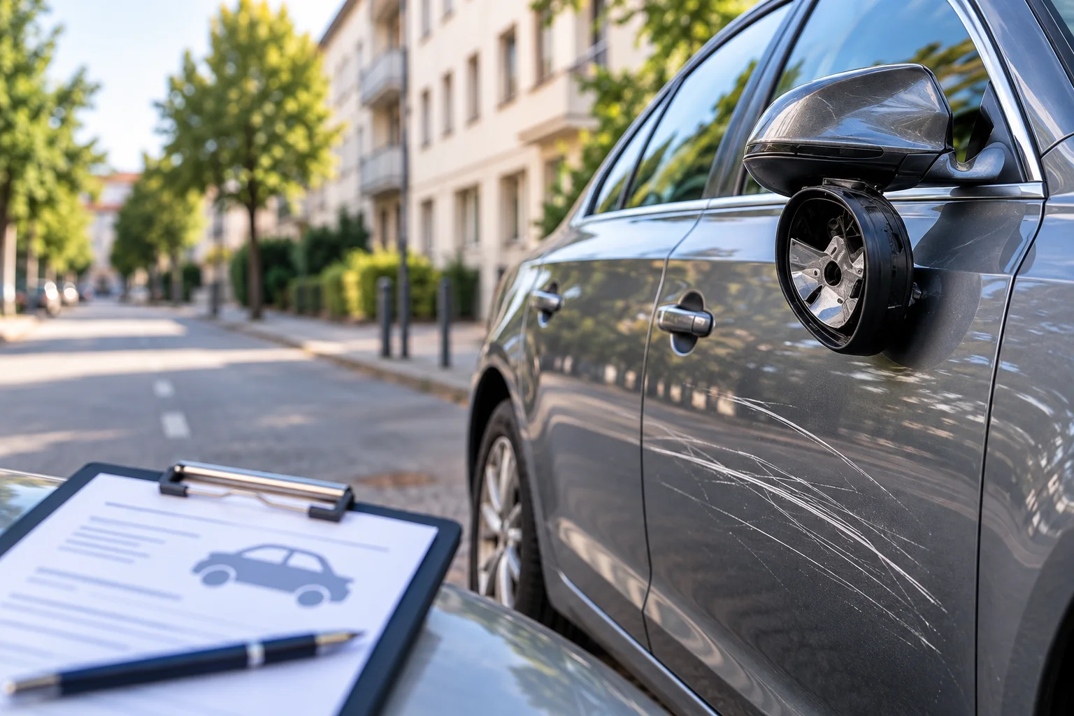 Vandalismusschaden mit Lackkratzern und beschädigtem Außenspiegel an einem Auto