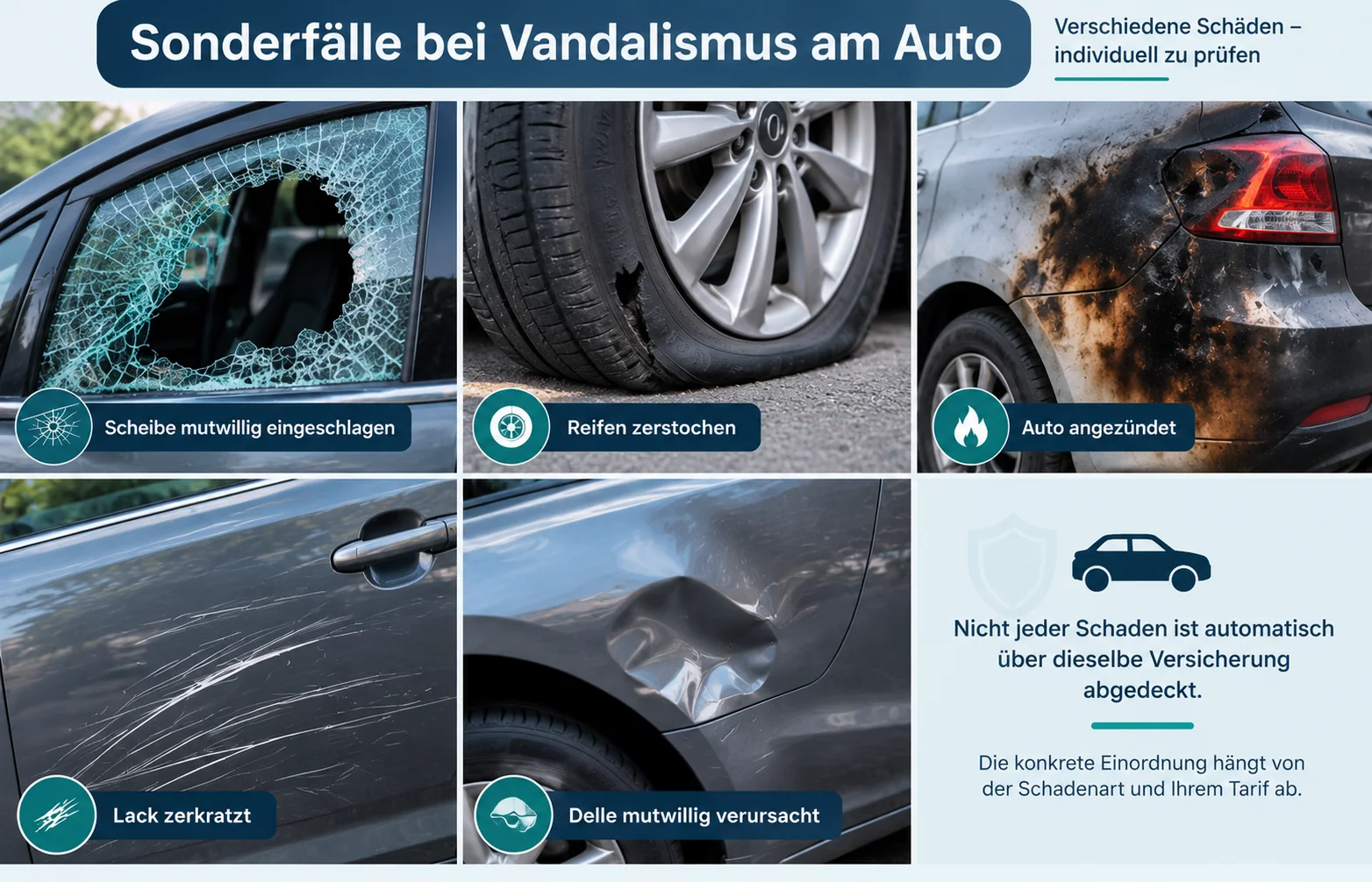 Sonderfälle bei Vandalismus am Auto mit Glasschaden, Reifenschaden und beschädigter Karosserie