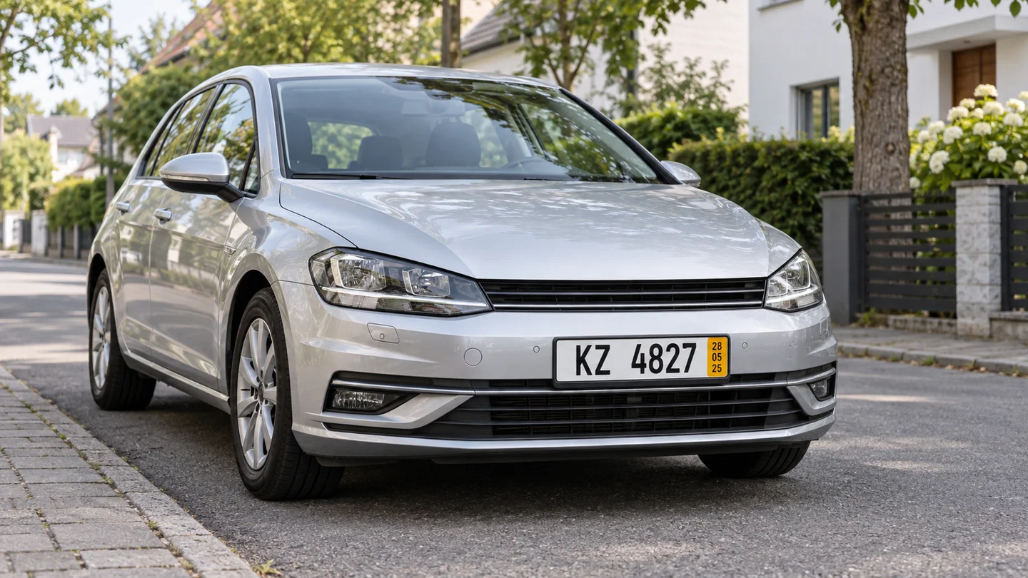 KI-generiertes Symbolbild: Kurzzeitkennzeichen mit gelbem Ablaufdatum an einem silbernen Auto